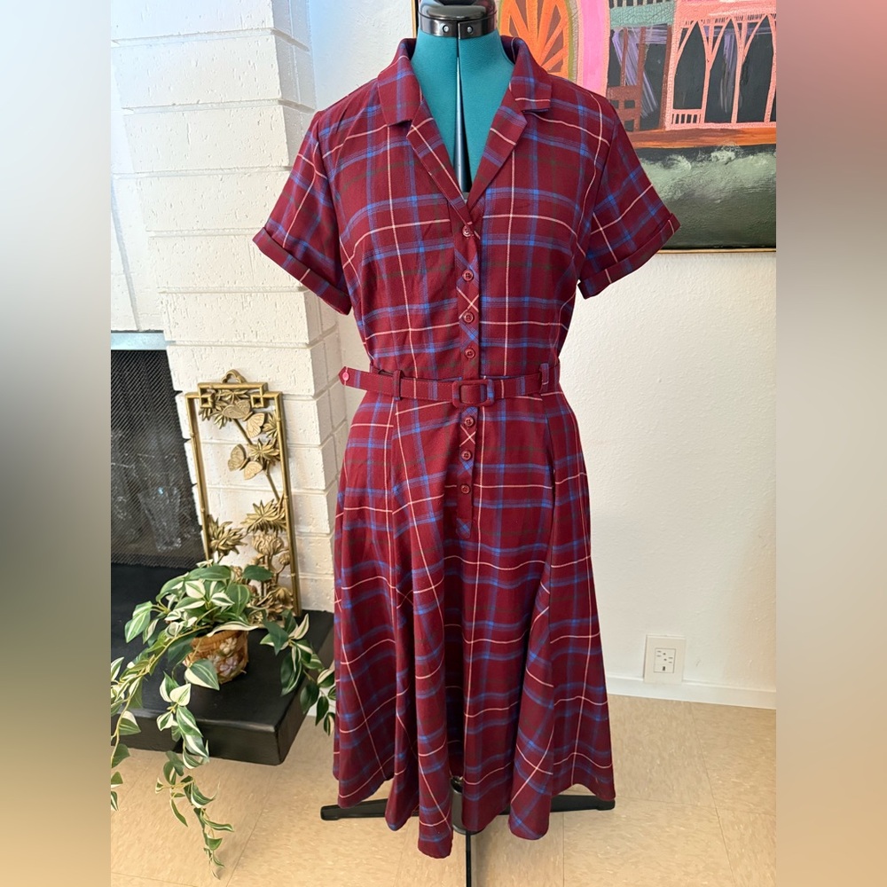 Collectif Vintage wine Caterina Check Swing Dress